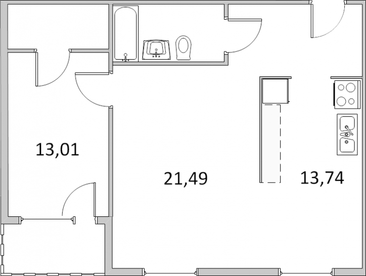Двухкомнатная квартира 65.62 м²